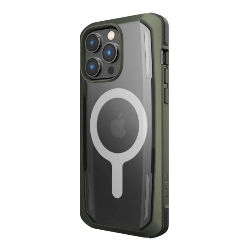 The Raptic iPhone 14 Pro Max Case ~ Secure, in green with a transparent back, highlights the camera and Apple logo. MagSafe Compatible, it provides military-grade drop protection for excellent durability.