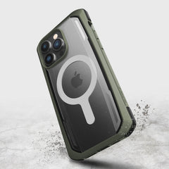 The Raptic iPhone 14/15 Pro Max Case offers biodegradable and drop protection, in a sleek olive green color, featuring MagSafe technology.