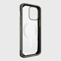 The Raptic iPhone 14 Pro Max Case ~ Secure is a green biodegradable phone case with a transparent back and large camera module accommodation. It's MagSafe compatible, featuring a circular alignment for style and military-grade drop protection.