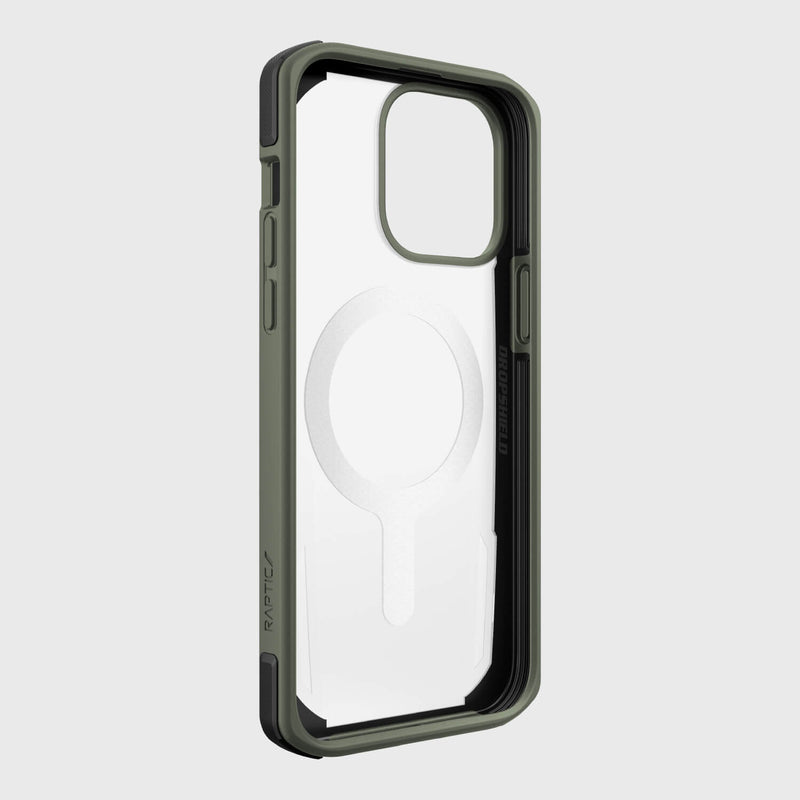 The Raptic iPhone 14 Pro Max Case ~ Secure is a green biodegradable phone case with a transparent back and large camera module accommodation. It's MagSafe compatible, featuring a circular alignment for style and military-grade drop protection.