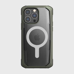 A green iPhone 14 Pro Max case by Raptic has a rugged design with a circular Apple logo on the back, crafted from biodegradable materials.