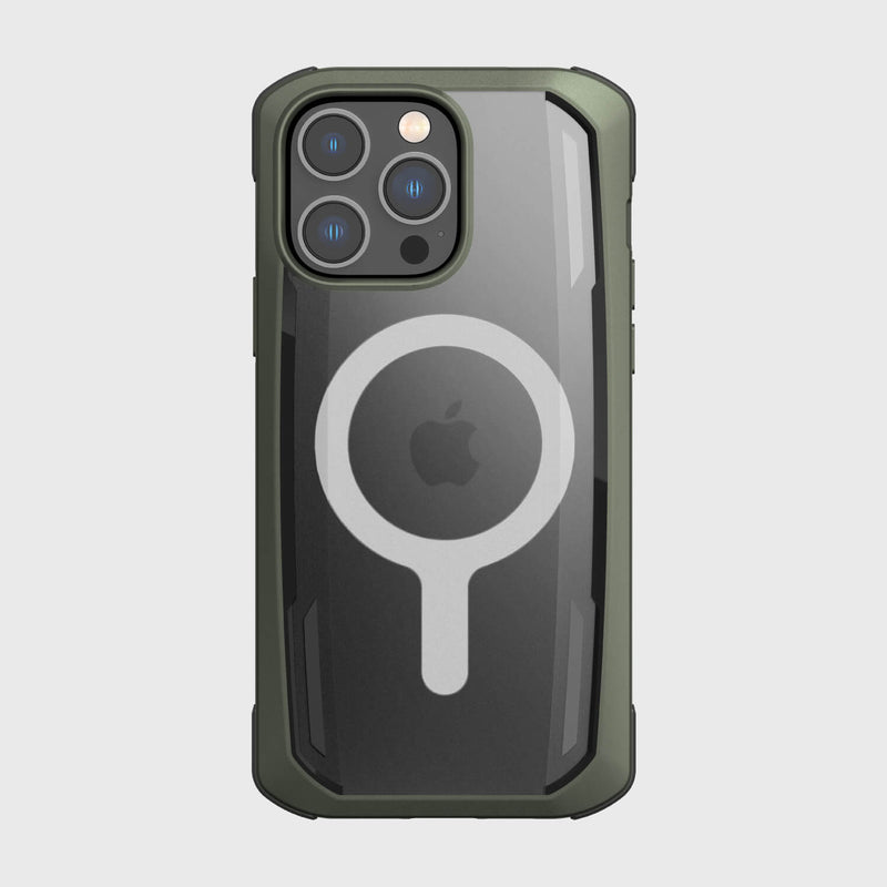 A green iPhone 14 Pro Max case by Raptic has a rugged design with a circular Apple logo on the back, crafted from biodegradable materials.