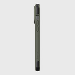 Side view of a green Raptic iPhone 14 Pro Max Case ~ Secure, made from biodegradable materials, with visible buttons and a precise camera cutout. It offers military-grade drop protection while being eco-friendly, set against a plain backdrop.