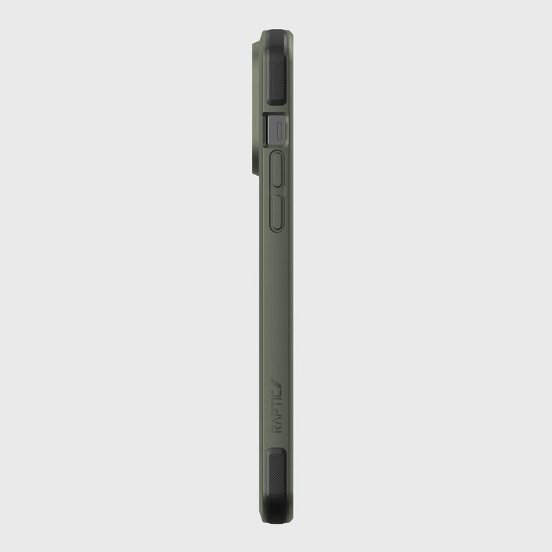 Side view of a green Raptic iPhone 14 Pro Max Case ~ Secure, made from biodegradable materials, with visible buttons and a precise camera cutout. It offers military-grade drop protection while being eco-friendly, set against a plain backdrop.