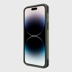 The iPhone 14 Pro Max features a blue and black abstract wallpaper in a green, biodegradable Raptic case. Set against a plain background, this eco-friendly design showcases robust protection with style.