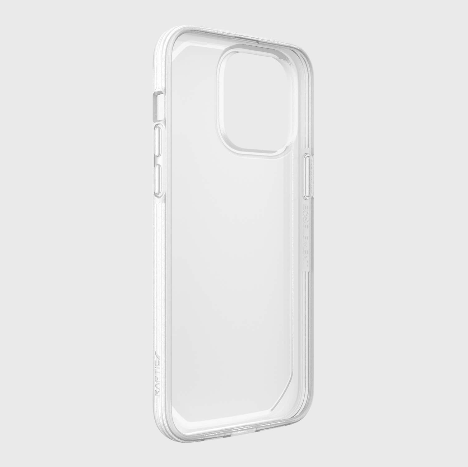 An environmentally friendly, clear iPhone 14 Pro Max case showcasing texturing depth on a white background from the brand Raptic.