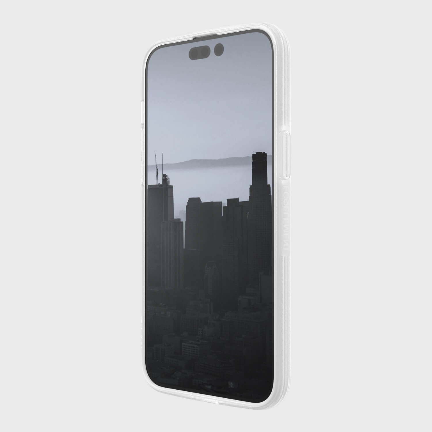 An environmentally friendly Raptic Slim & Sleek iPhone 14 Pro Max Case with a city skyline in the background, featuring texturing depth.