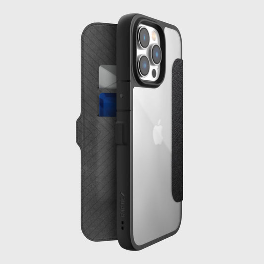 An iPhone 14 Pro Max - Urban Folio case with a wallet and card holder by Raptic.