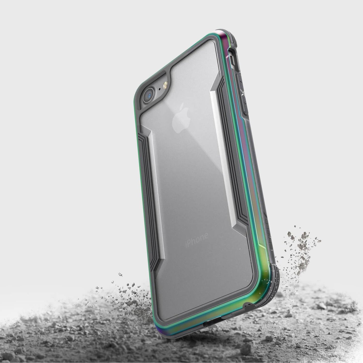 A Raptic iPhone SE/8/7 Case - SHIELD with a rainbow colored back.