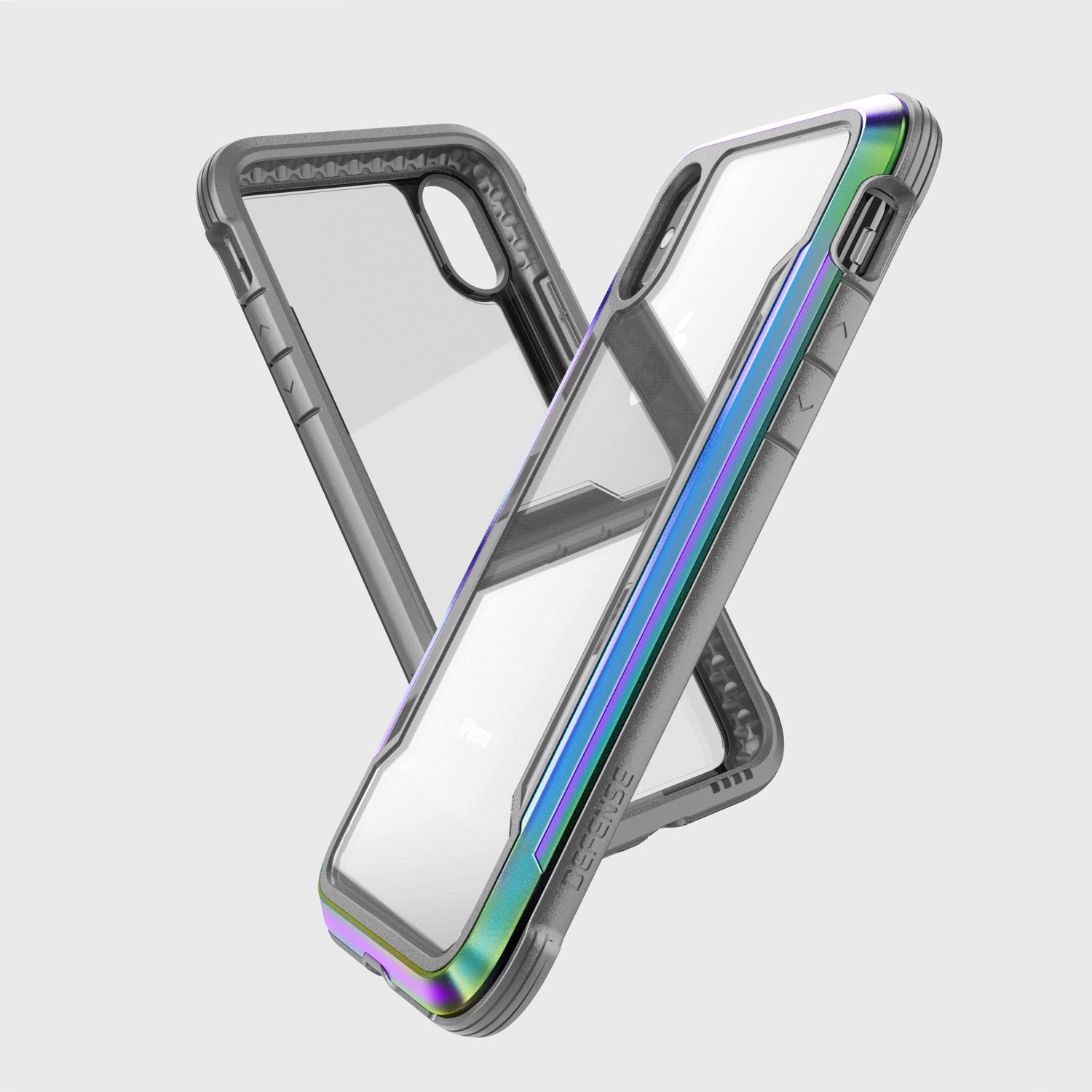A rainbow colored Raptic SHIELD case for iPhone XS Max with drop protection.