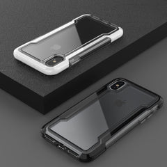 Two smartphones in transparent cases sit on a dark surface. One case offers military-grade drop protection with clear design and white edges. The other, Raptic's iPhone XS Max Case - CLEAR, is anti-yellow, anti-scratch, and features black edges.