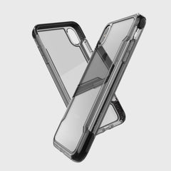 Against a light background, two Raptic iPhone XS Max CLEAR cases with black edges are featured. Offering military-grade drop protection, anti-yellowing, and anti-scratch features, one case slightly overlaps the other to ensure lasting clarity and durability.