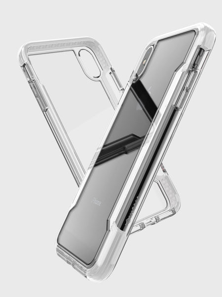 The Raptic iPhone XS Max Clear Case provides military-grade drop protection with a transparent design, accentuating the camera cutout and side buttons against a plain backdrop.