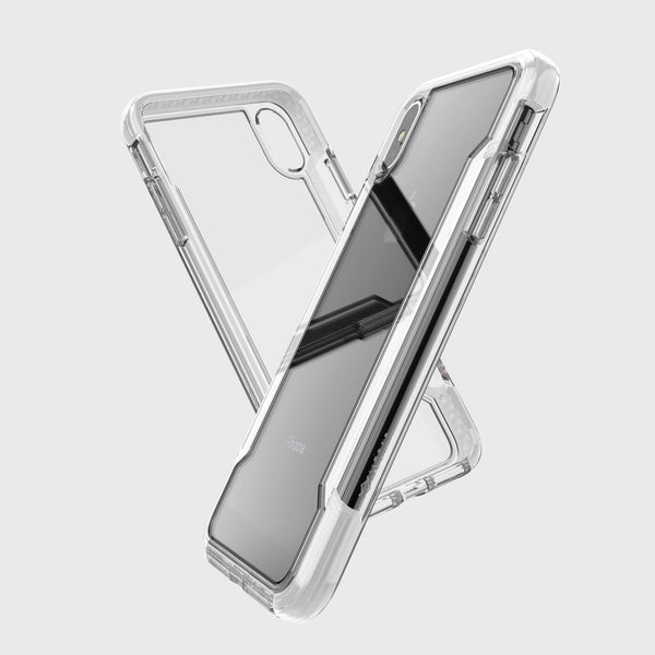 The Raptic iPhone XS Max Clear Case provides military-grade drop protection with a transparent design, accentuating the camera cutout and side buttons against a plain backdrop.