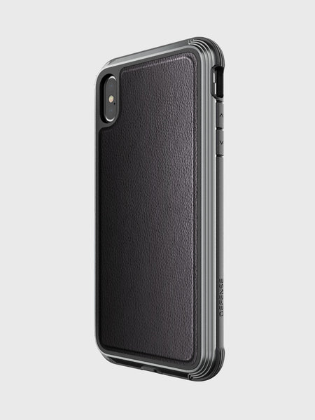 The Raptic iPhone XS Case - LUX is a sleek black and gray protective case with impact-resistant polycarbonate, a raised border, side buttons, and a precise camera cutout.