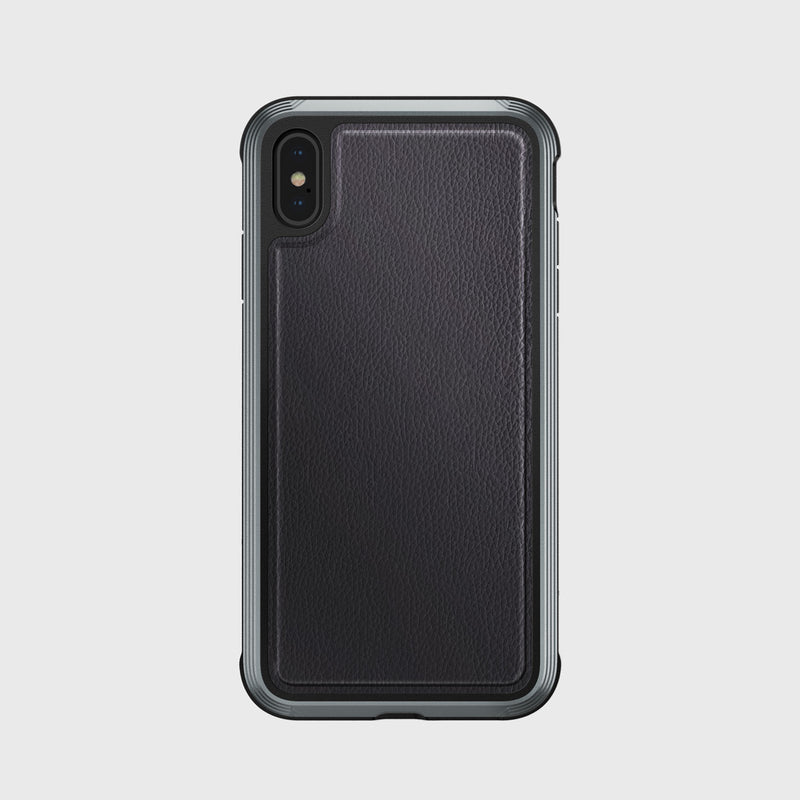 Explore the Raptic LUX iPhone XS Max case, featuring a sleek black design with a textured back and defined edges. Made from impact-resistant polycarbonate, it has a single camera cutout on a light gray background for elegance and durability.