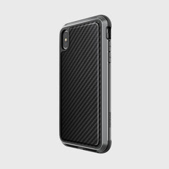 The Raptic iPhone XS Max Case - LUX features a carbon fiber textured design made from impact-resistant polycarbonate, dual cameras, and side buttons, displayed against a plain background.