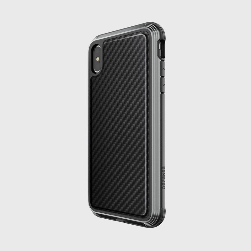 The Raptic iPhone XS Max Case - LUX features a carbon fiber textured design made from impact-resistant polycarbonate, dual cameras, and side buttons, displayed against a plain background.