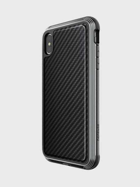 The Raptic iPhone XS Case - LUX is impact-resistant, crafted from polycarbonate in black with a textured back, dual camera openings, and noticeable side buttons, all set against a plain background.