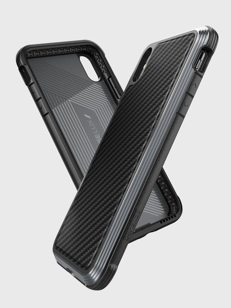 Two iPhone XS cases by Raptic, shown from multiple angles against a plain background, boast textured patterns and are made from impact-resistant polycarbonate for stylish durability.